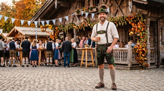 Man in traditional German lederhosen and Alpine hat holding a glass of beer outside a wooden alpine chalet during Oktoberfest