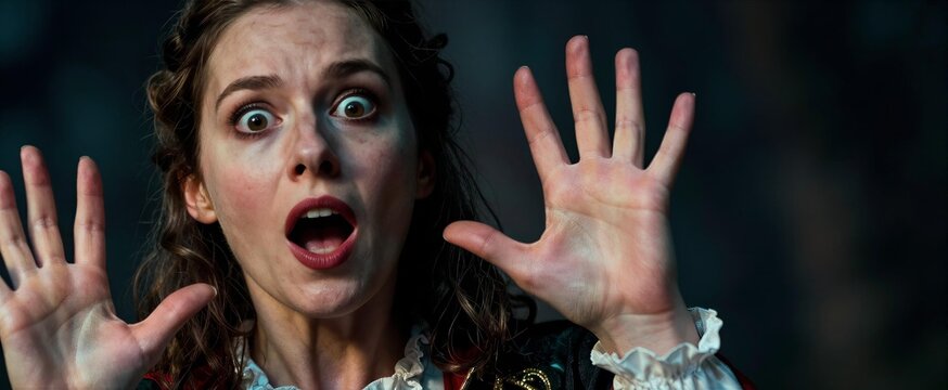 Woman In Foreground With Expressive Facial Expression Conveys Surprise Shock Fair Skin Eyes Wide Open Dilated Pupils Eyebrows Raised