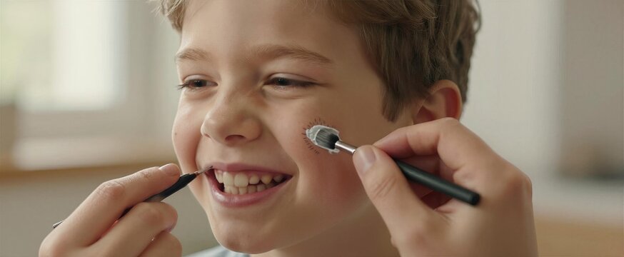Young Child With Fair Skin To Engaging In Makeup Application Play Acting As Applying On Themselves Short Light Brown Hair Styled