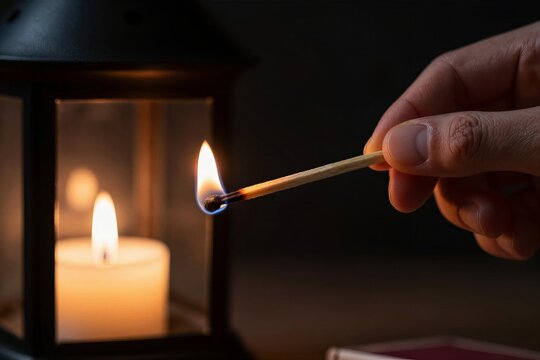 Captures Close Of Human Hands Holding Burning Matchstick Against Backdrop Ambient Scene Illuminated By Candlelight Main Subject Hand