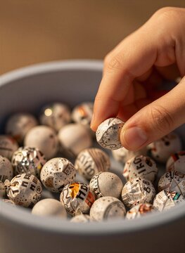 Captures Close View Of Persons Hand Holding One Several Spherical Objects Appear To Repurposed From Candy Wrappers Now Serving