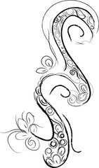 Fototapeta premium Curved abstract decorative black ink line art with floral