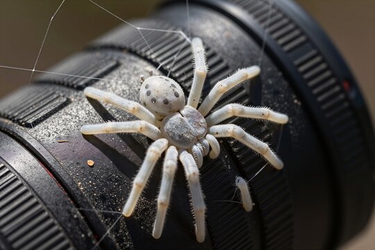 Close Of White Spider With Speckled Patterns On Abdomen Perched Atop To Lens Element Camera Spiders Body Roundish In Shape Exhibits