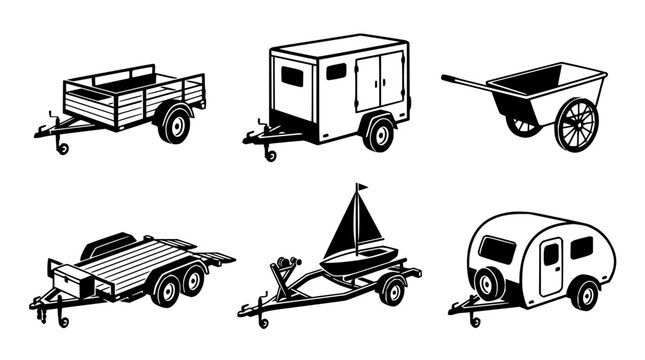 Trailer set with utility trailer, camper trailer, wheelbarrow, boat trailer, cargo trailer, and teardrop trailer featuring transport, hauling, towing, equipment and vehicles with wheels and hitch
