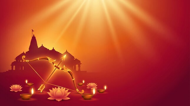 Minimal Dussehra banner with Rama symbolism, sacred bow and arrow, lotus, temple and glowing diyas.