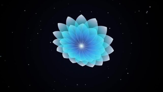 Lotus flower rendered in ethereal glowing blue light floats against a deep black void, creating a serene and meditative atmosphere that highlights the intricate textures of the glowing digital petals.