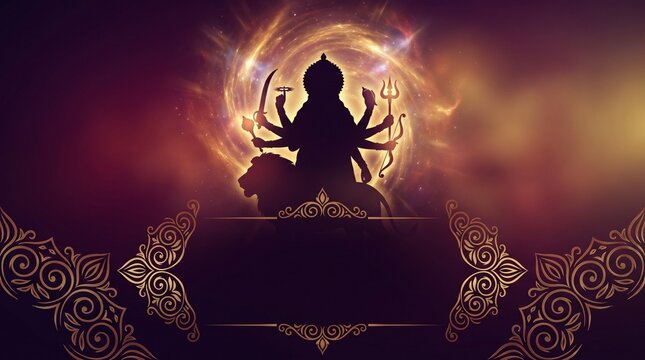 Dramatic Maha Ashtami banner with a radiant Durga silhouette, lion and sacred weapons against a cosmic gradient.