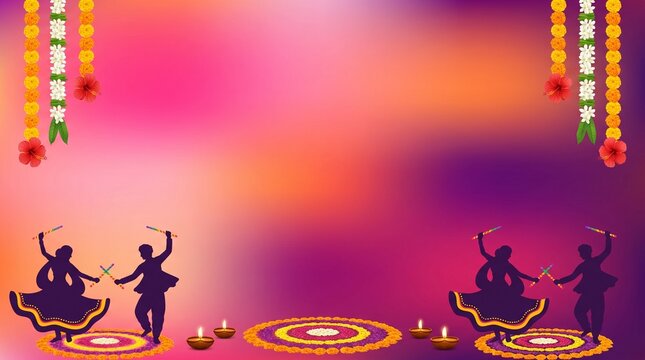 Vibrant Sharad Navratri banner with garba dancers, dandiya, rangoli and festive Indian decorations.