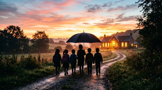 Family group walking away under black umbrella on wet country path at sunset, silhouette of children walking towards illuminated cottage home in countryside rain