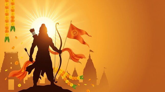 Symbolic Dussehra banner with Rama silhouette, radiant sun, bow, saffron flags and temple architecture.