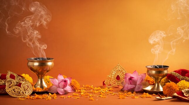 Atmospheric Maha Saptami banner inspired by Bengali dhunuchi ritual, flowers, lamps and traditional festival ornaments.