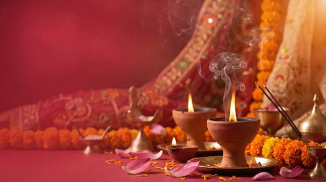 Atmospheric Maha Ashtami background featuring dhunuchi lamps, incense smoke and traditional Bengali Durga Puja decorations.