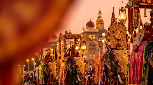 Cultural Mysore Dasara banner with decorated royal elephants, silk fabrics, palace architecture and lanterns.
