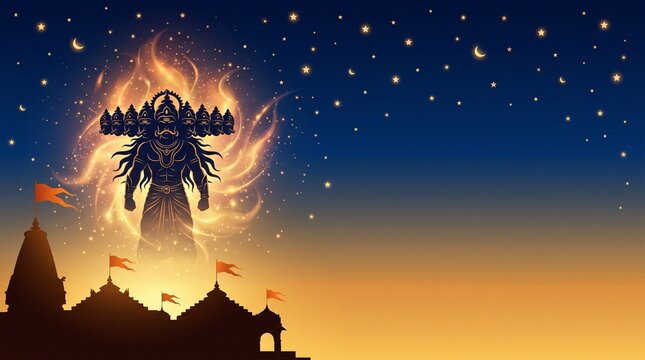 Symbolic Ravan Dahan banner representing victory over evil with Ravana silhouette, celestial fire and temple elements.