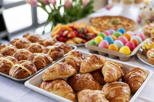The Croissant Buffet Spread with Colorful Eggs and Pastries on a Table