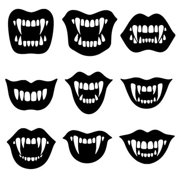 Vampire teeth set with minimalist symmetrical layout against solid black background featuring sharp fangs, silhouettes, high-contrast with symmetrical arrangement and dark mood