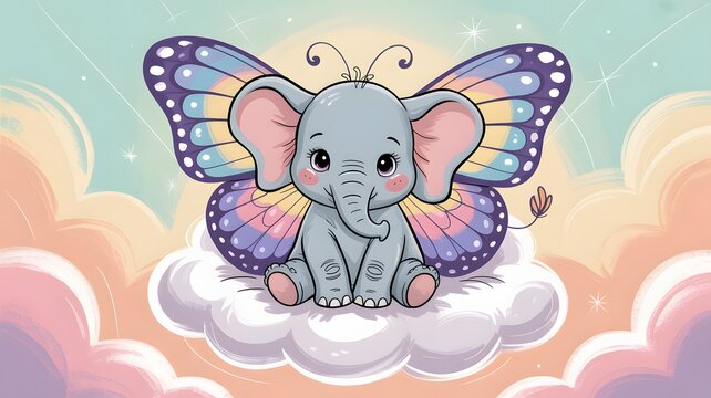 Adorable baby elephant with vibrant colorful butterfly wings sitting on a fluffy cloud in a magical pastel fairy tale sky