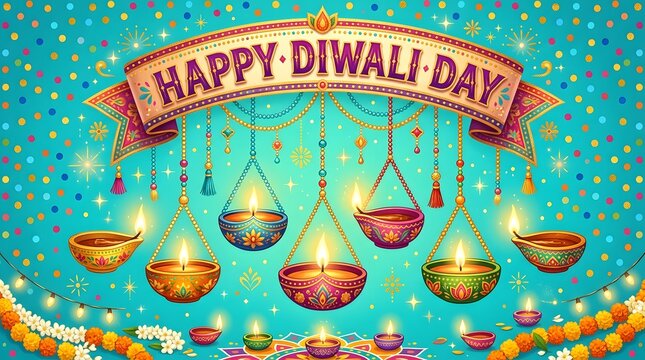 Happy diwali day festive background with traditional oil lamps