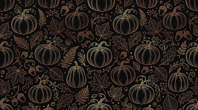 Seamless pattern with handdrawn golden pumpkin and autumn leaves on black background