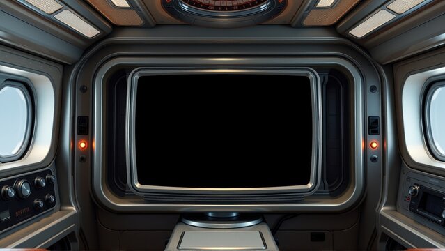 Futuristic cockpit interior. Dark metallic surfaces, glowing lights, central display dominates view. Minimalist design suggests spacecraft control room.
