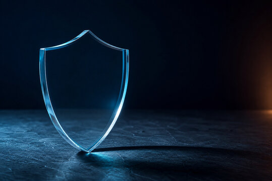 Glowing glass shield on dark stone surface, blue neon light security icon, digital protection and cyber safety concept