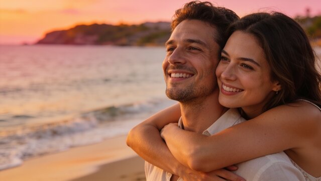 Romantic Young Couple Embracing on Beach During Sunset Golden Hour