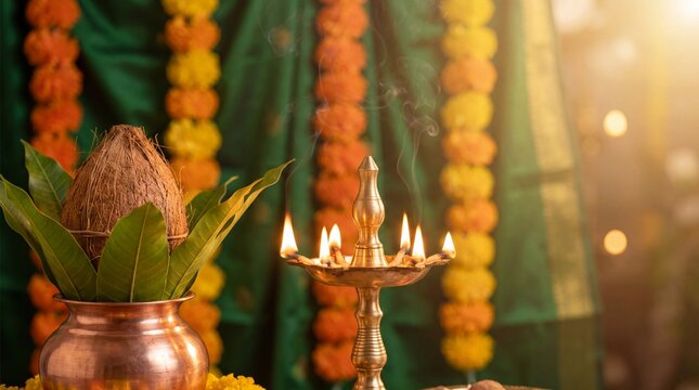 Traditional Indian Kalash setup for Navratri puja with burning lamp
