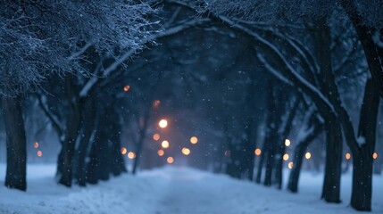 Fototapeta premium The Snowy Path Beneath Nighttime Trees Amid Blue Streetlight Glow Creates Tranquil Winter Scene
