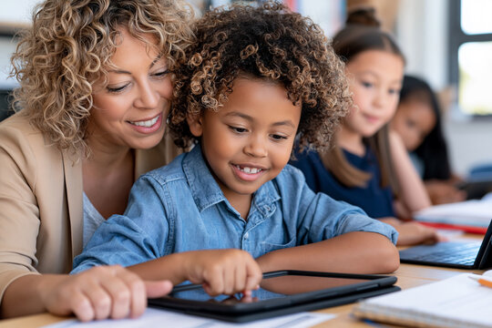 Warm smiles shared between teacher and child. Child taps tablet with bright, focused expression. Teacher leans close, offering gentle encouragement