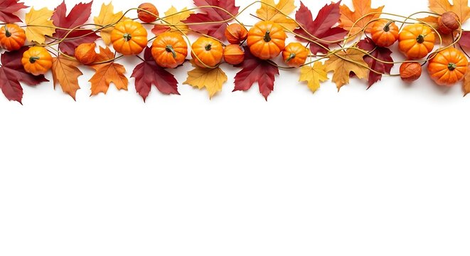 Autumn border frame with vibrant fall maple leaves and miniature orange pumpkins isolated on a plain white background