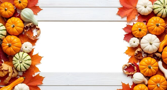 Autumn harvest border background with pumpkins and colorful fall maple leaves on white wooden planks