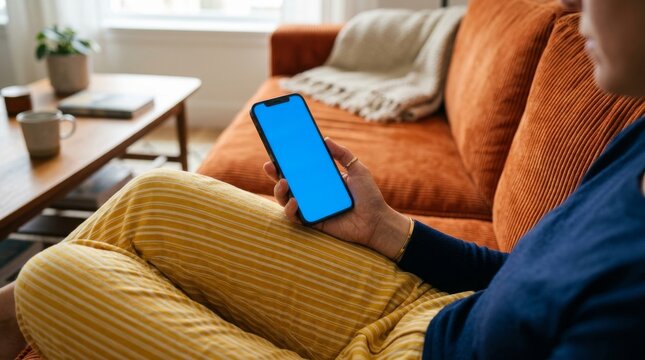 Close up of fashionable person holding generic mobile phone mockup with blank blue display screen in cozy warm room