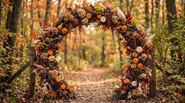 Decorative autumn wedding arch made with pumpkins and colorful fall leaves in a forest setting