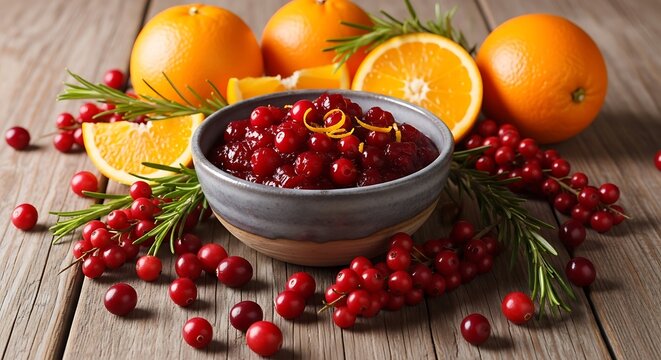 Fresh homemade cranberry sauce in a ceramic bowl with oranges and rosemary on a rustic wooden table