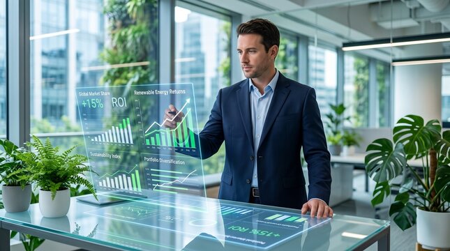 Businessman interacting with holographic financial data display in a modern, green office environment.