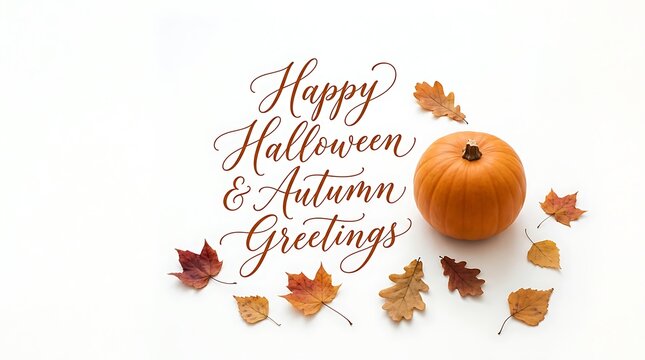 Happy Halloween and autumn greetings calligraphy text with a fresh orange pumpkin and fallen dry leaves