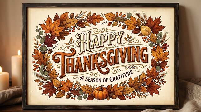 Happy Thanksgiving decorative framed print with autumn leaves and seasonal pumpkin illustrations