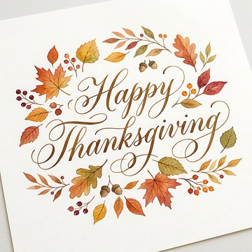 Happy Thanksgiving greeting card design with beautiful handdrawn watercolor autumn leaves