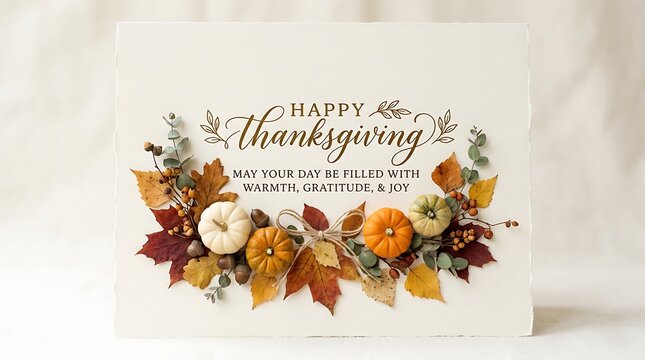 Happy Thanksgiving greeting card with decorative autumn leaves pumpkins and acorns on a textured cream colored background