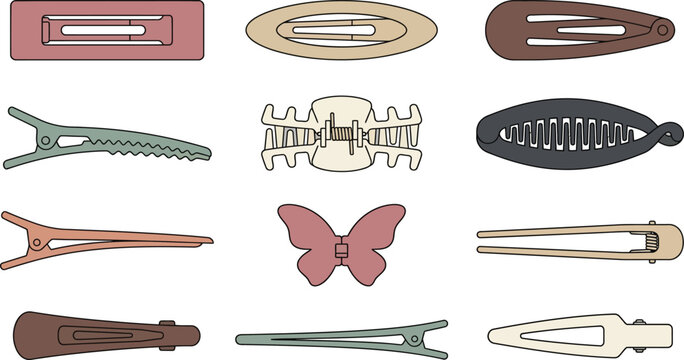 Assorted Hair Clips Collection in Pastel Tones Vector Illustration