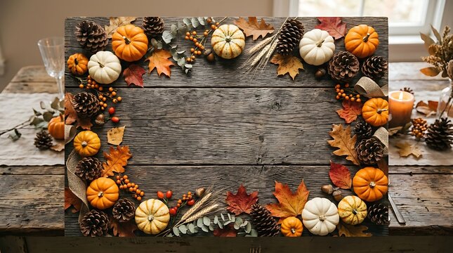 Rustic autumn background with pumpkins pinecones and colorful fall leaves on a wooden table for thanksgiving and halloween celebration