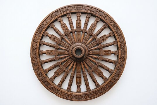 An Intricately Carved Wooden Dharma Wheel Symbolizing Spiritual Progress Isolated On White.