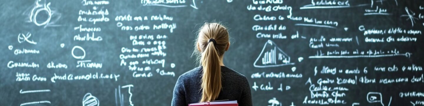 A Student Standing Facing Challenges on a Large Knowledge Blackboard with Science Symbols Notes.