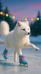 Naklejka premium Playful arctic fox ice skating