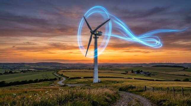 Wind turbine generating clean renewable power with glowing blue motion trail over green grass field at sunset sky
