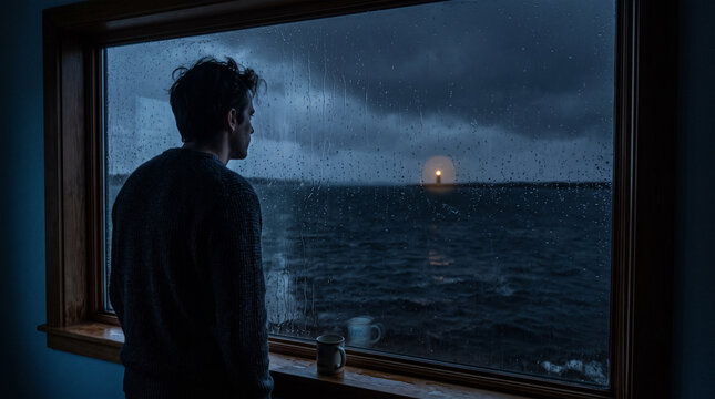 A man seen from behind at a rainy window looking at a lighthouse at night.