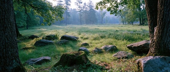 Fototapeta premium The Mossy Rocks of a Tranquil Forest Clearing at Dawn