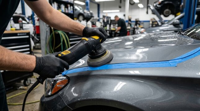 Professional car detailing worker polishing luxury silver vehicle hood with rotary buffer machine