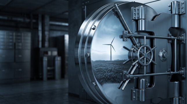 Heavy Bank Vault Door Reflecting a Wind Turbine in a Field