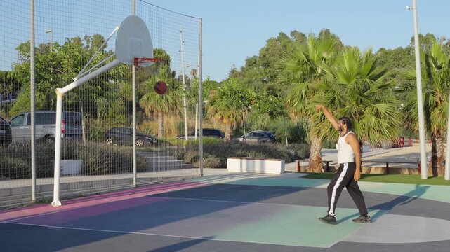 Athletic man scoring a perfect basketball jump shot